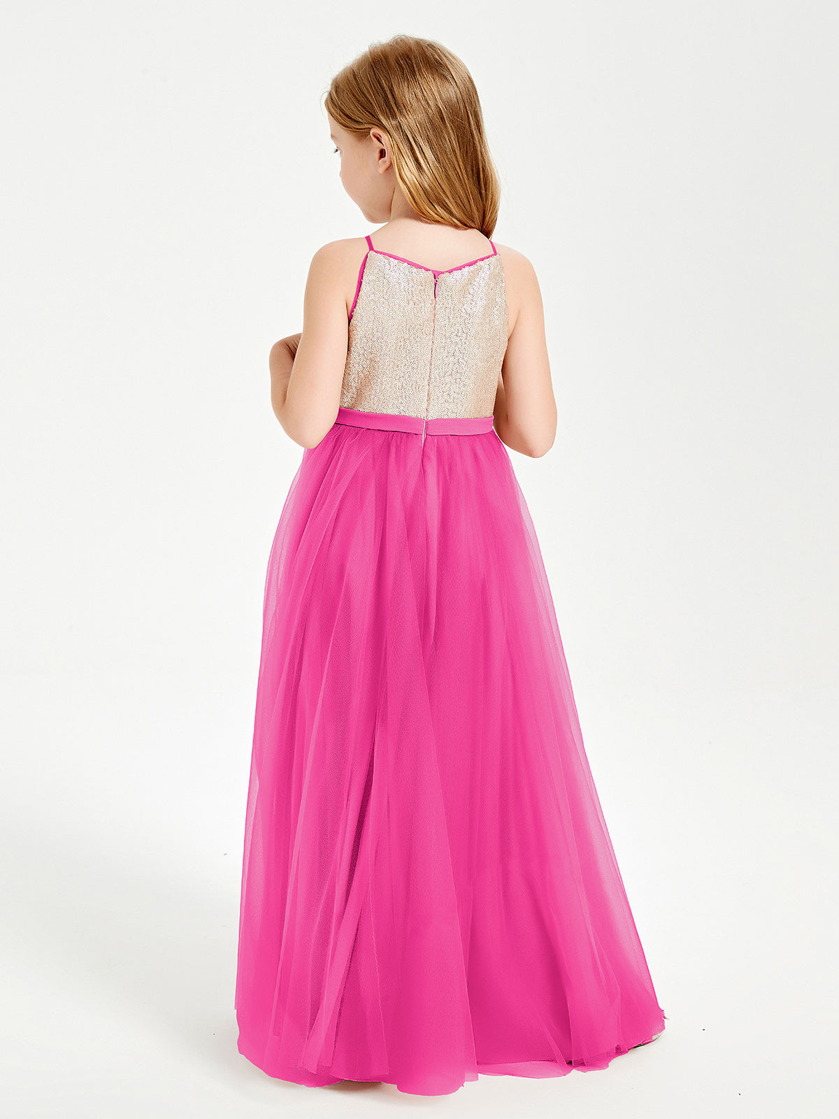 Sequined Top Long Tulle Junior Bridesmaid Gown Fuchsia